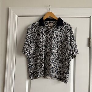 Geometric Pattern Polo Shirt - Navy and Cream